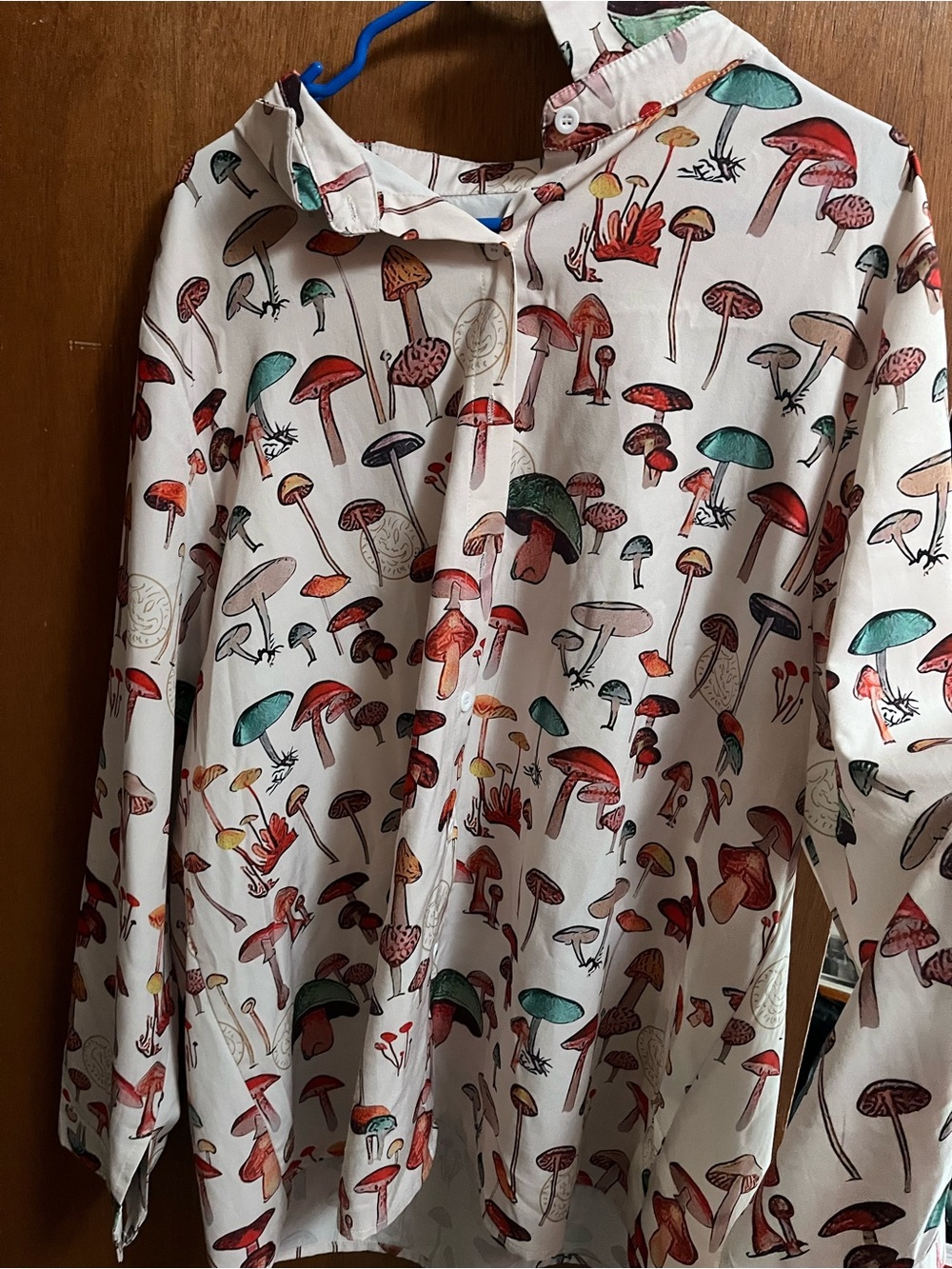 Mushroom Print Button-Up Shirt in White with Multi-Color Mushrooms